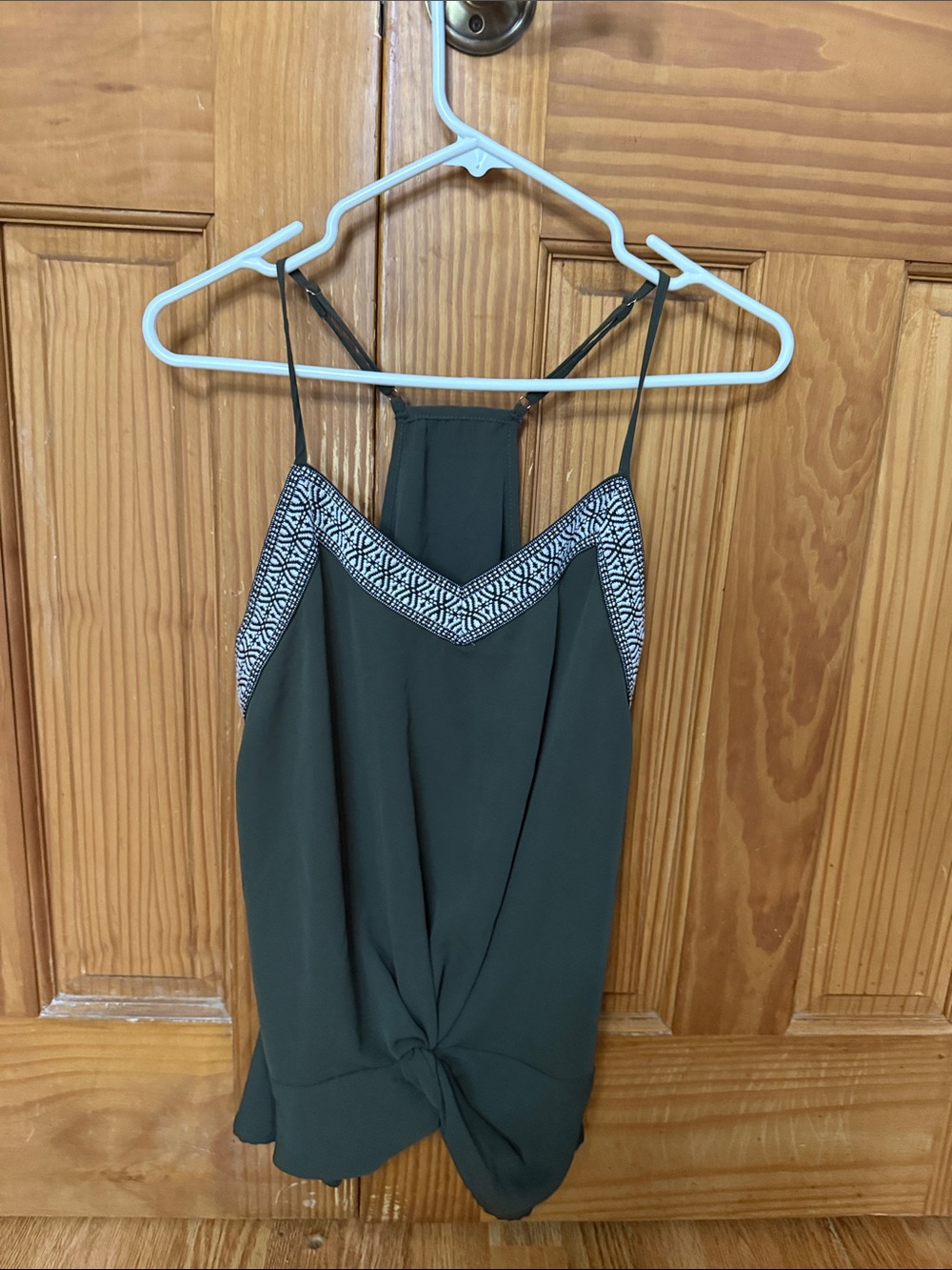 Women's Dark Green Embroidered-Trim Tank Top